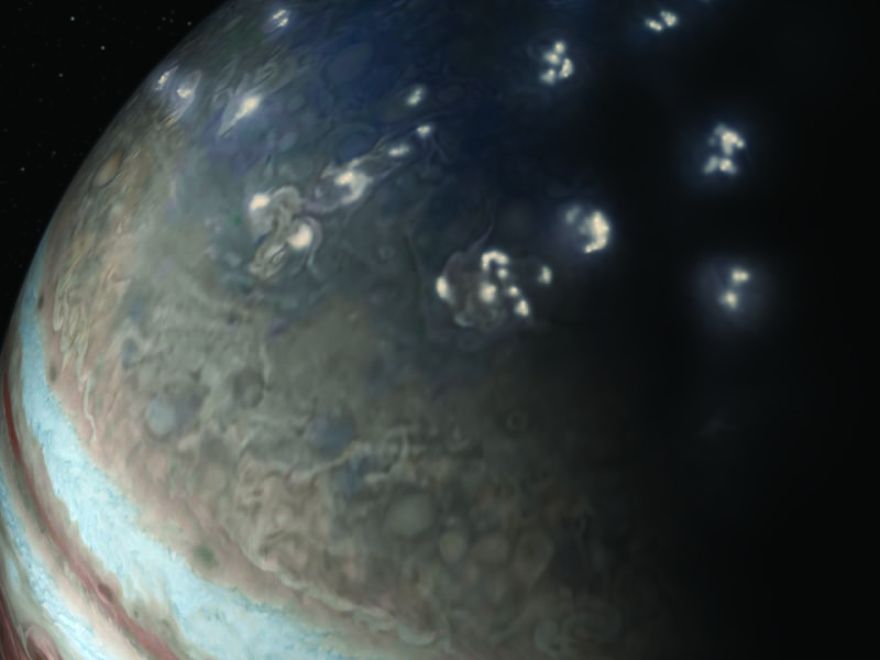 Rayos iluminan el polo norte de Júpiter en la representación de este artista. Crédito: NASA / JPL-Caltech / SwRI / JunoCam