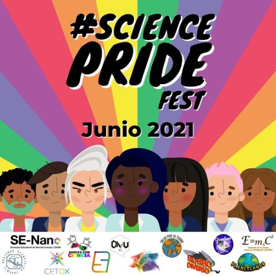 Cartel para el Science Pride Fest 2021 con fondo de arcoiris y diferentes científicos, científicas y científices al frente.